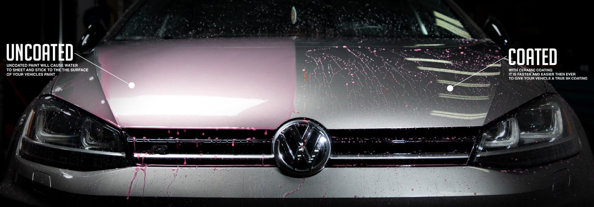Sumptuous Mobile Detailing — ceramic coating comparison showing water beading on coated side vs uncoated paint damage on VW Golf hood